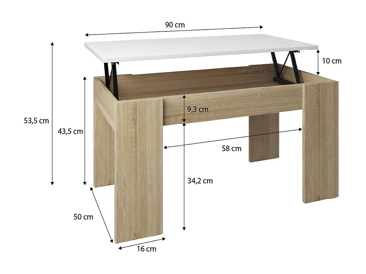 Mesa de centro elevable con almacenaje en roble canadian y blanco artik 90x43-53 cm Norak Roble Canadian - Blanco Artik (Blanco Mate)