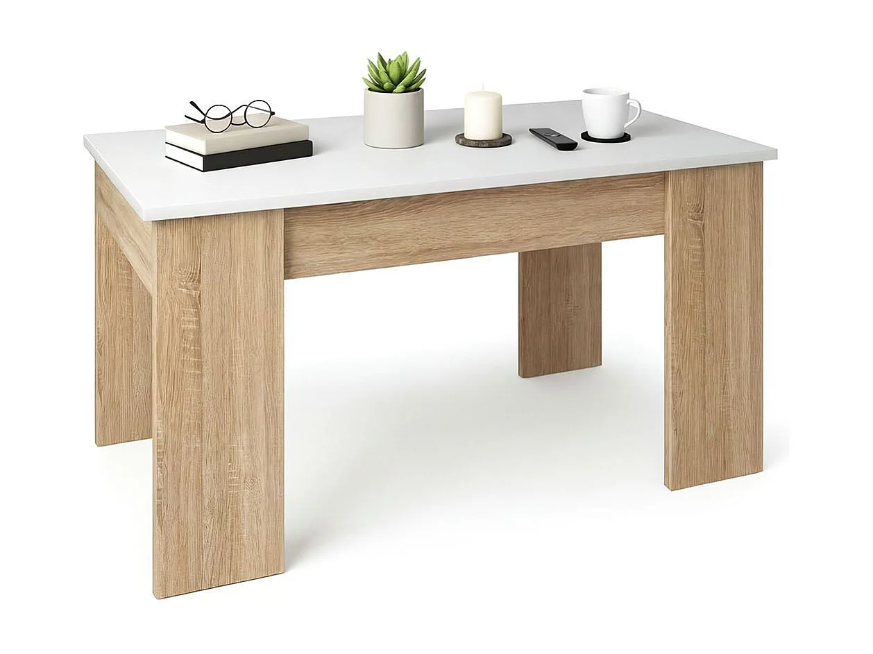 Mesa de centro elevable con almacenaje en roble canadian y blanco artik 90x43-53 cm Norak Roble Canadian - Blanco Artik (Blanco Mate)