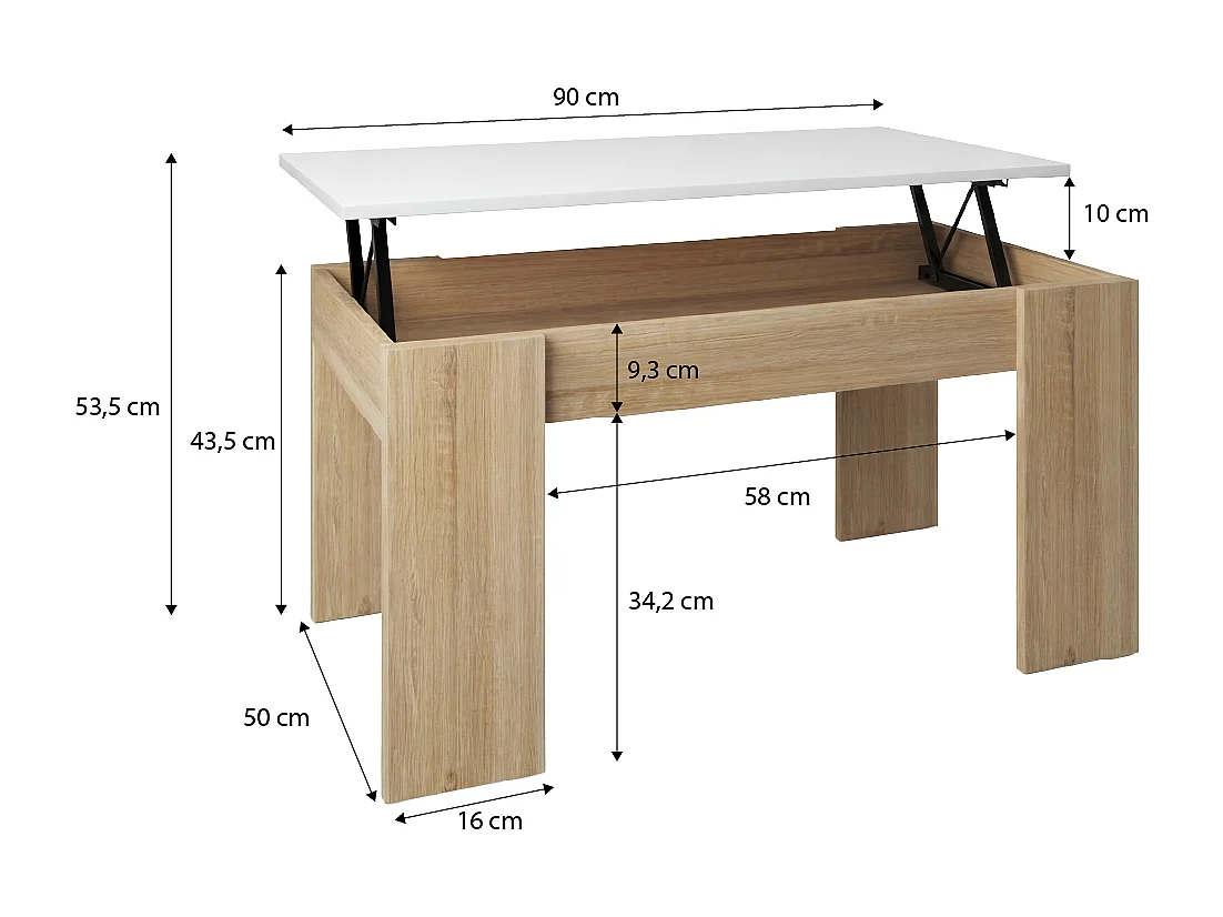 Mesa de centro elevable en roble canadian y blanco artik Norak Roble Canadian - Blanco Artik (Blanco Mate)