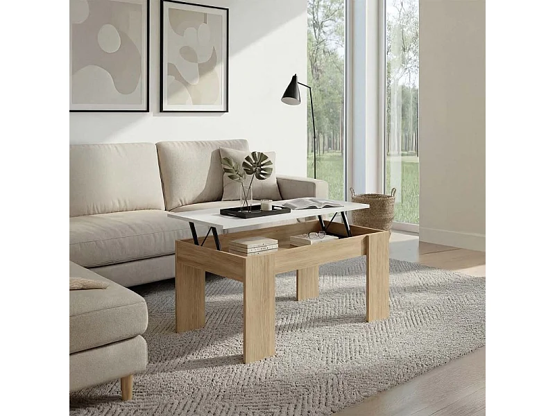 Mesa de centro elevable en roble canadian y blanco artik Norak Roble Canadian - Blanco Artik (Blanco Mate)