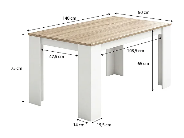 Mesa de comedor Naya en blanco artik y roble canadian 140X80 cm Blanco Artik (Blanco Mate) - Roble Canadian