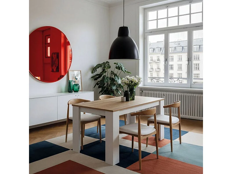 Mesa de comedor fija en blanco artik y roble canadian 140X80 cm Naya Blanco Artik (Blanco Mate) - Roble Canadian