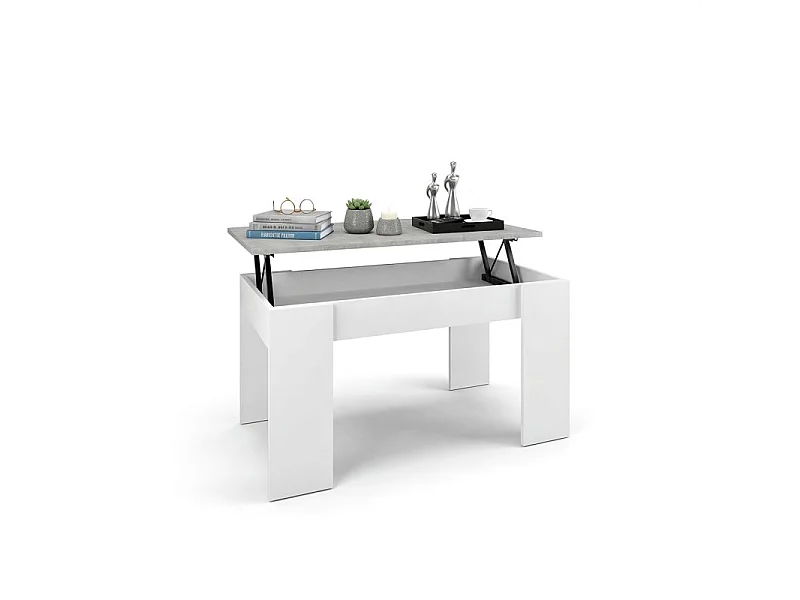 Mesa de centro elevable con almacenaje en blanco artik y gris cemento 90x43-53 cm Norak Blanco Artik (Blanco Mate) - Gris Cemento