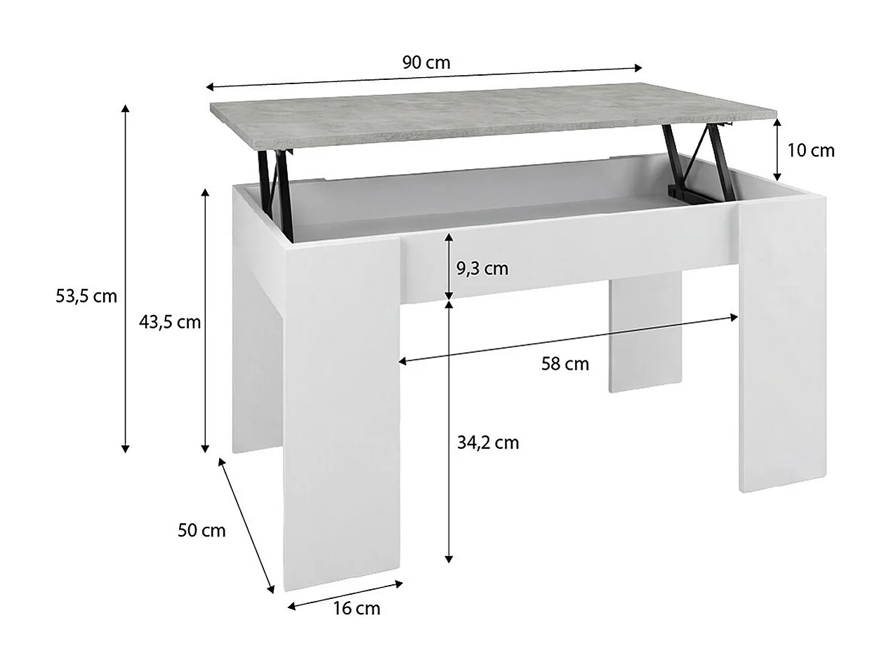 Mesa de centro elevable con almacenaje en blanco artik y gris cemento 90x43-53 cm Norak Blanco Artik (Blanco Mate) - Gris Cemento
