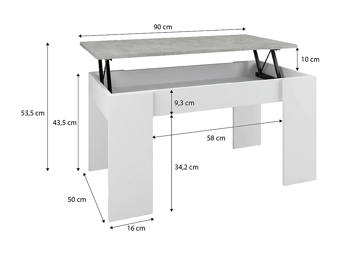 Mesa de centro elevable en blanco artik y gris cemento Norak Blanco Artik (Blanco Mate) - Gris Cemento