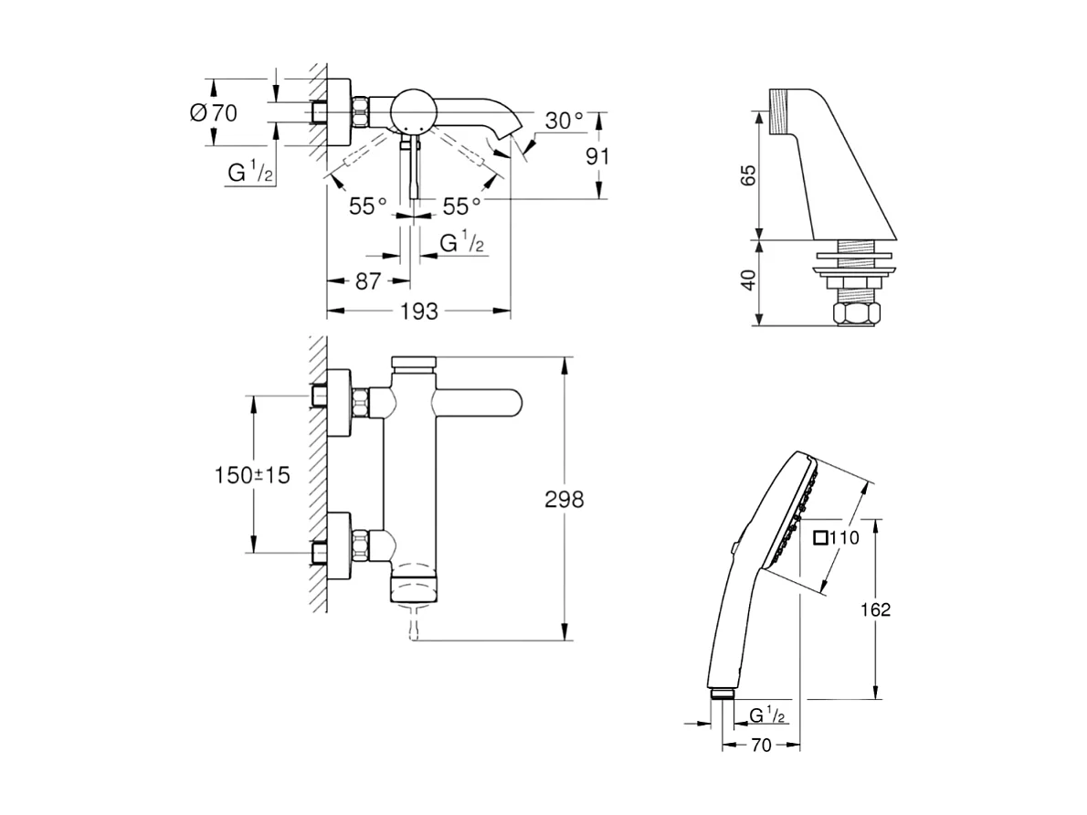 Pack mitigeur bain douche mécanique GROHE Essence + douchette carré  2 jets + flexible