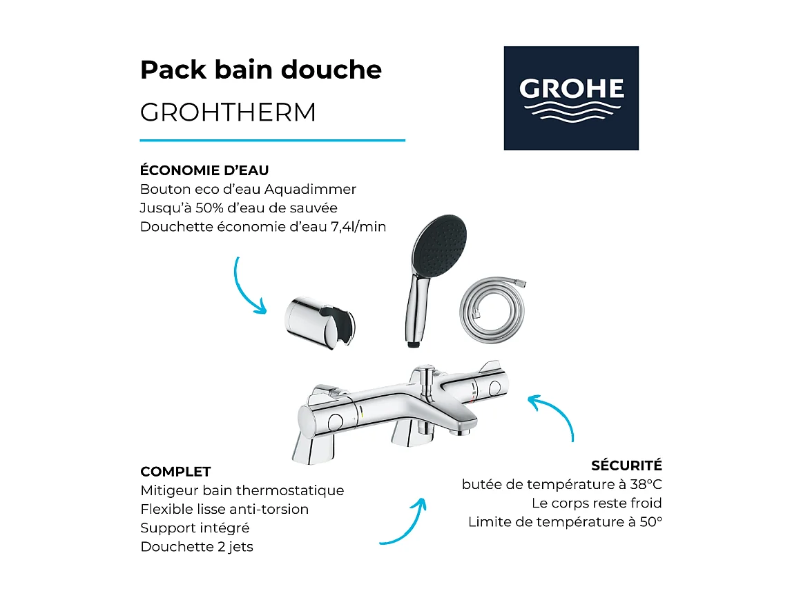 Pack mitigeur bain douche thermostatique GROHE Grohtherm 800 + douchette ronde  2 jets + flexible + support