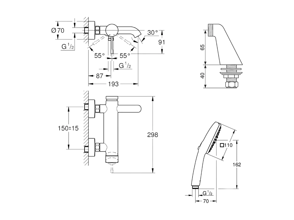 Pack mitigeur bain douche mécanique GROHE Essence + douchette ronde  2 jets + flexible