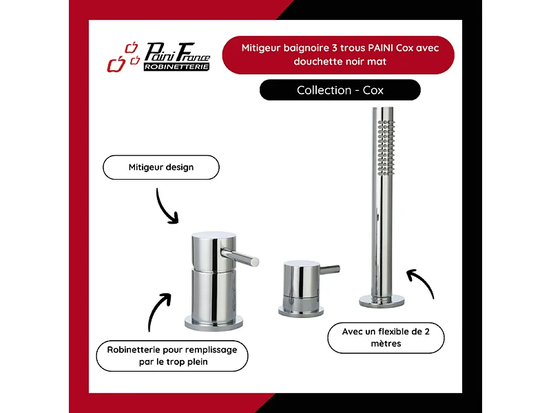 Mitigeur baignoire mécanique 3 trous PAINI Cox pour remplissage par le vidage avec douchette Chromé