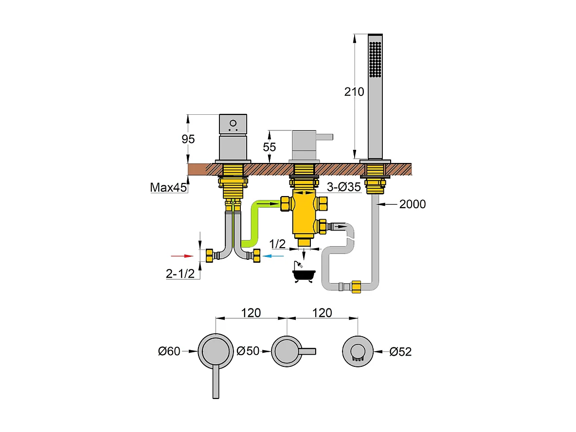 Mitigeur baignoire mécanique 3 trous PAINI Cox pour remplissage par le vidage avec douchette Chromé