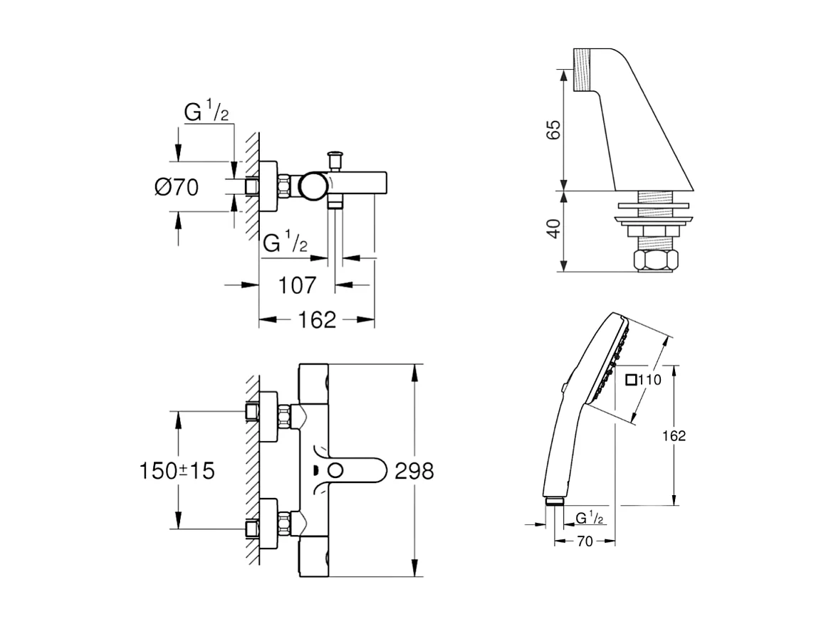Pack mitigeur bain douche thermostatique GROHE Precision Get + douchette ronde  2 jets + flexible