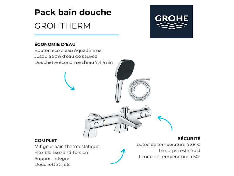 Pack mitigeur bain douche thermostatique GROHE Grohtherm 800 + douchette carré  2 jets + flexible