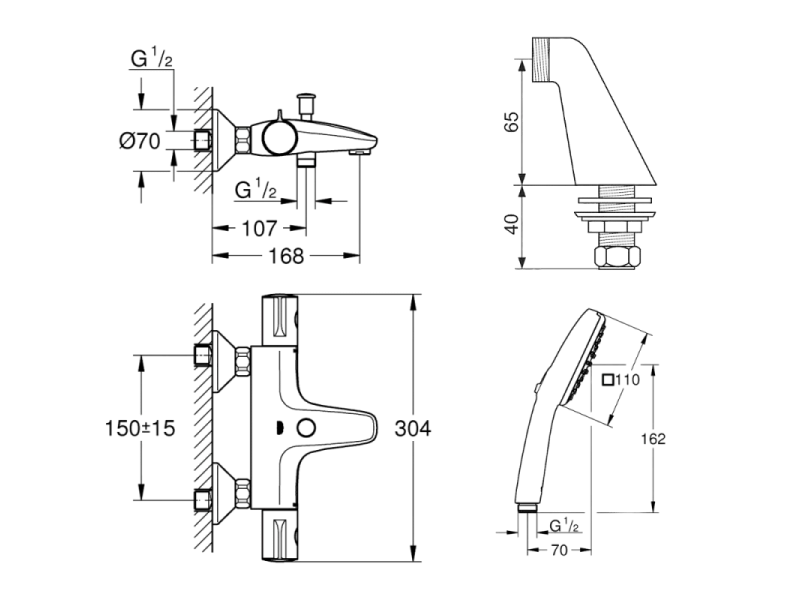 Pack mitigeur bain douche thermostatique GROHE Grohtherm 800 + douchette carré  2 jets + flexible