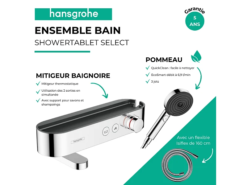 Pack mitigeur bain douche thermostatique HANSGROHE ShowerTablet Select + Flexible Isiflex + Pommeau de douche Pulsify Select 3 jets Chromé