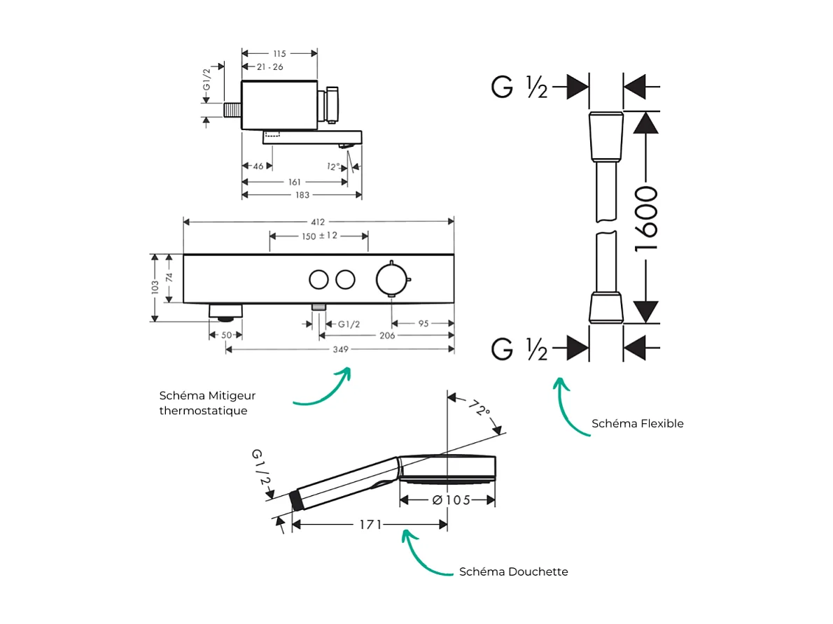 Pack mitigeur bain douche thermostatique HANSGROHE ShowerTablet Select + Flexible Isiflex + Pommeau de douche Pulsify Select 3 jets Chromé