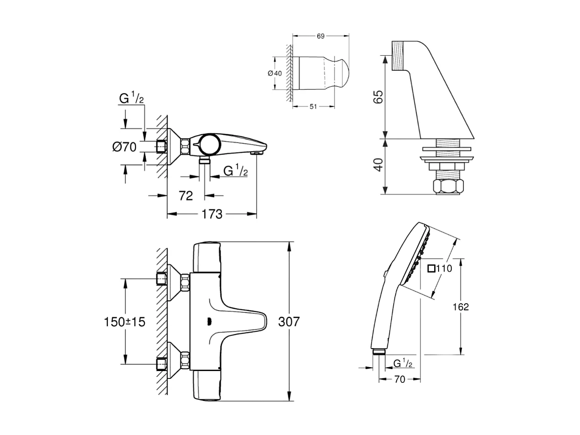 Pack mitigeur bain douche thermostatique GROHE Precision Trend + douchette carré  2 jets + flexible + support