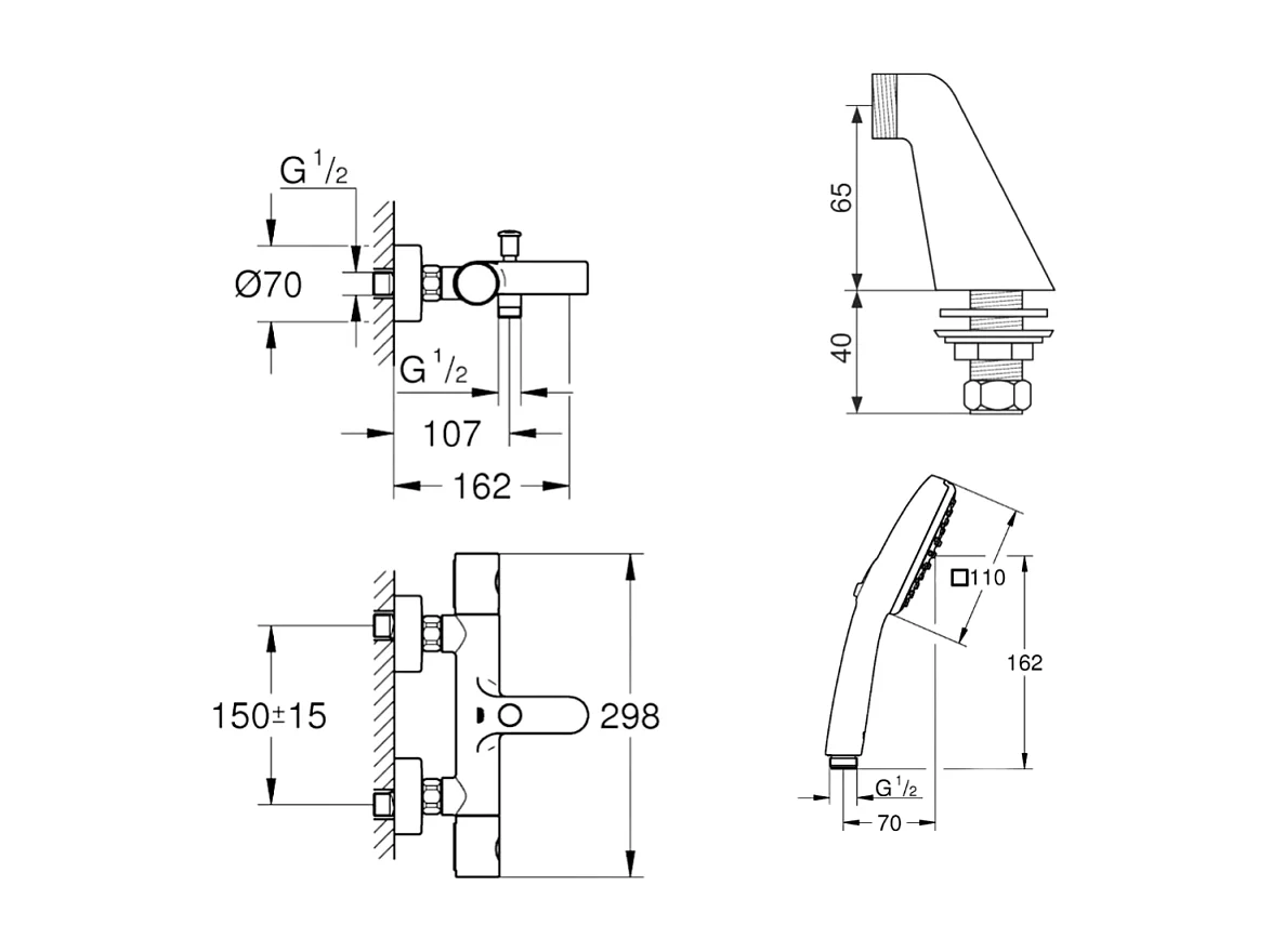 Pack mitigeur bain douche thermostatique GROHE Grohtherm 800 cosmopolitan + douchette ronde  2 jets + flexible
