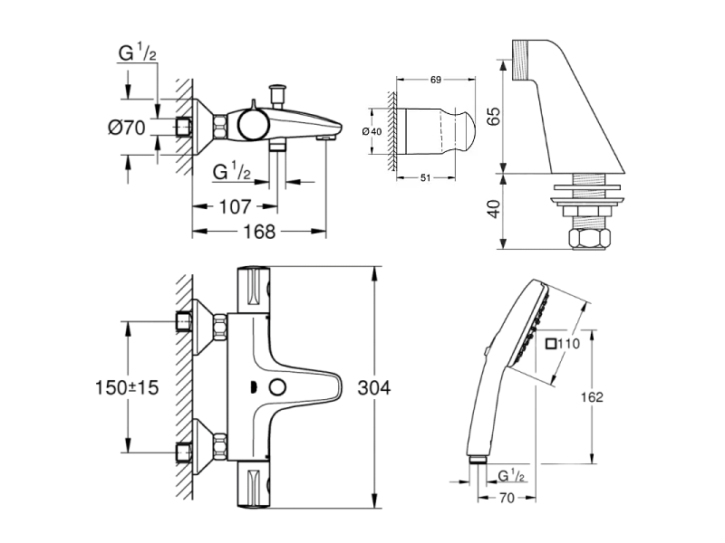 Pack mitigeur bain douche thermostatique GROHE Grohtherm 800 + douchette carré  2 jets + flexible + support