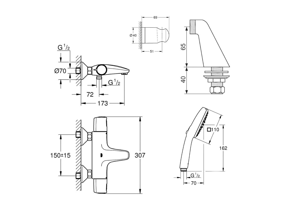 Pack mitigeur bain douche thermostatique GROHE Precision Trend + douchette ronde 2 jets + flexible + support