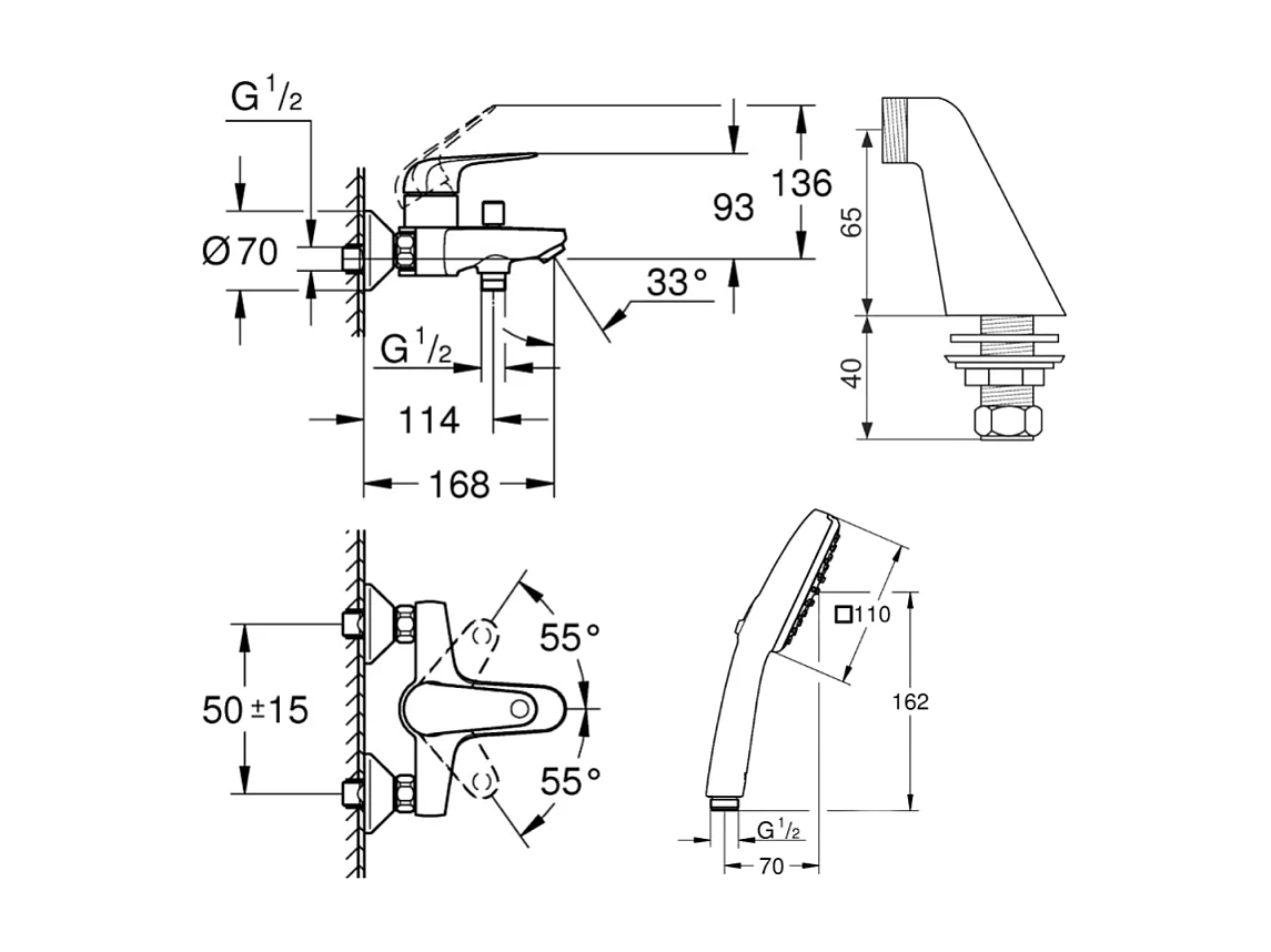 Pack mitigeur bain douche mécanique GROHE Swift + douchette carré  2 jets + flexible