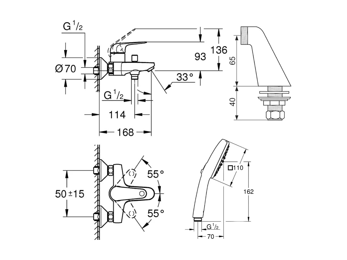 Pack mitigeur bain douche mécanique GROHE Swift + douchette carré  2 jets + flexible