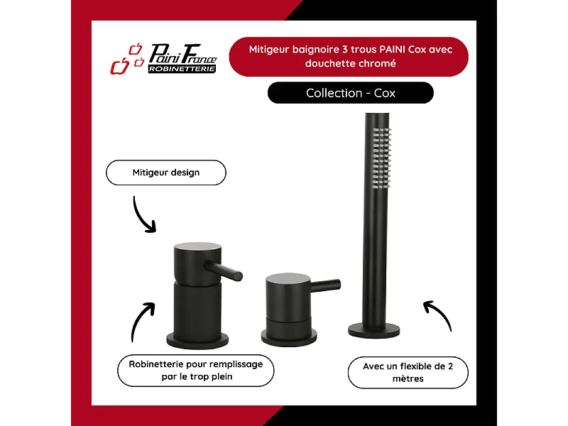 Mitigeur baignoire mécanique 3 trous PAINI Cox pour remplissage par le vidage avec douchette Noir mat
