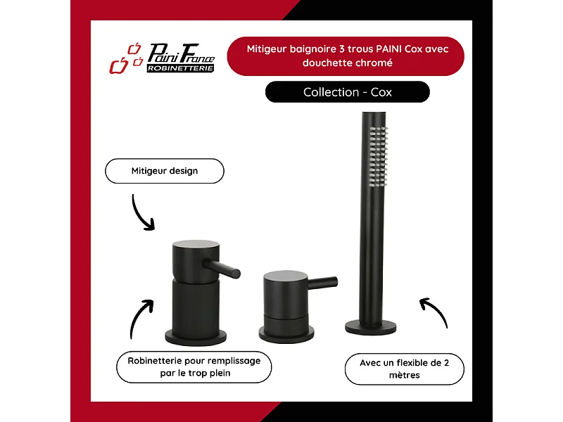 Mitigeur baignoire mécanique 3 trous PAINI Cox pour remplissage par le vidage avec douchette Noir mat