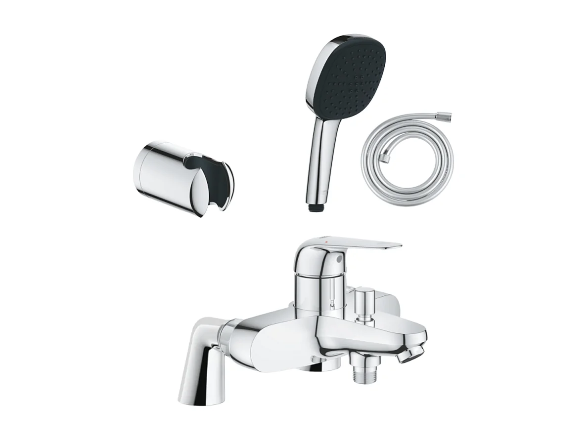 Pack mitigeur bain douche mécanique GROHE Swift + douchette carré  2 jets + flexible + support