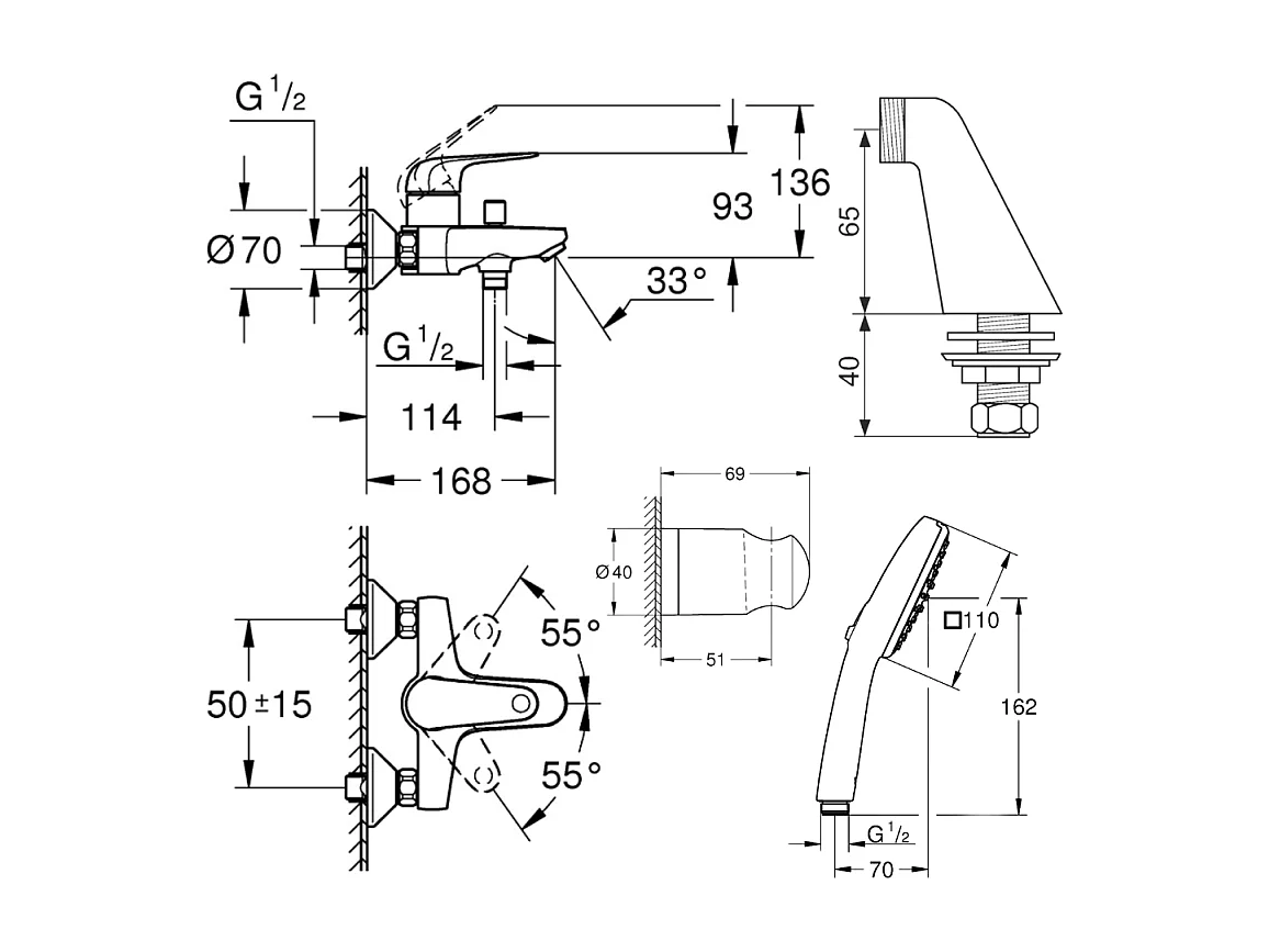 Pack mitigeur bain douche mécanique GROHE Swift + douchette carré  2 jets + flexible + support