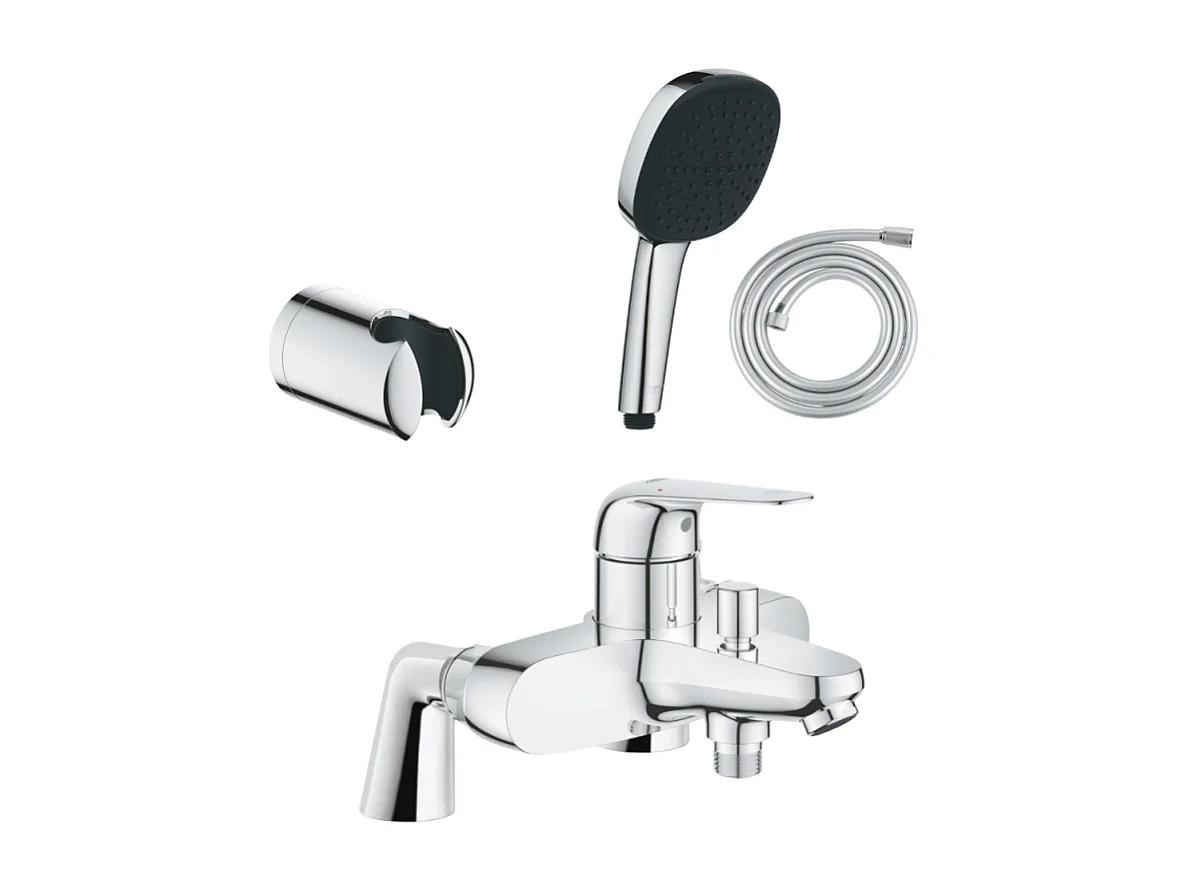 Pack mitigeur bain douche mécanique GROHE Swift + douchette carré  2 jets + flexible + support
