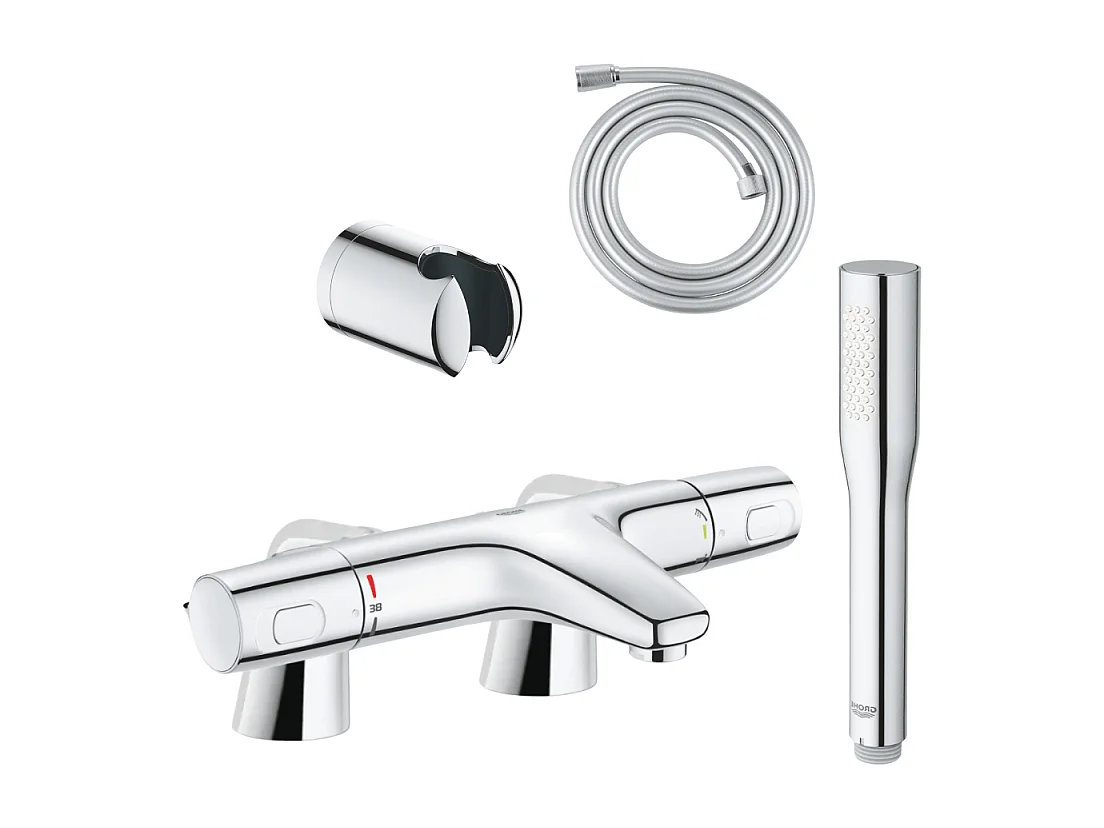 Pack mitigeur thermostatique GROHE Trend avec colonnettes + Douchette 1 jet Vitalio Get Stick + Flexible 1750 mm et support
