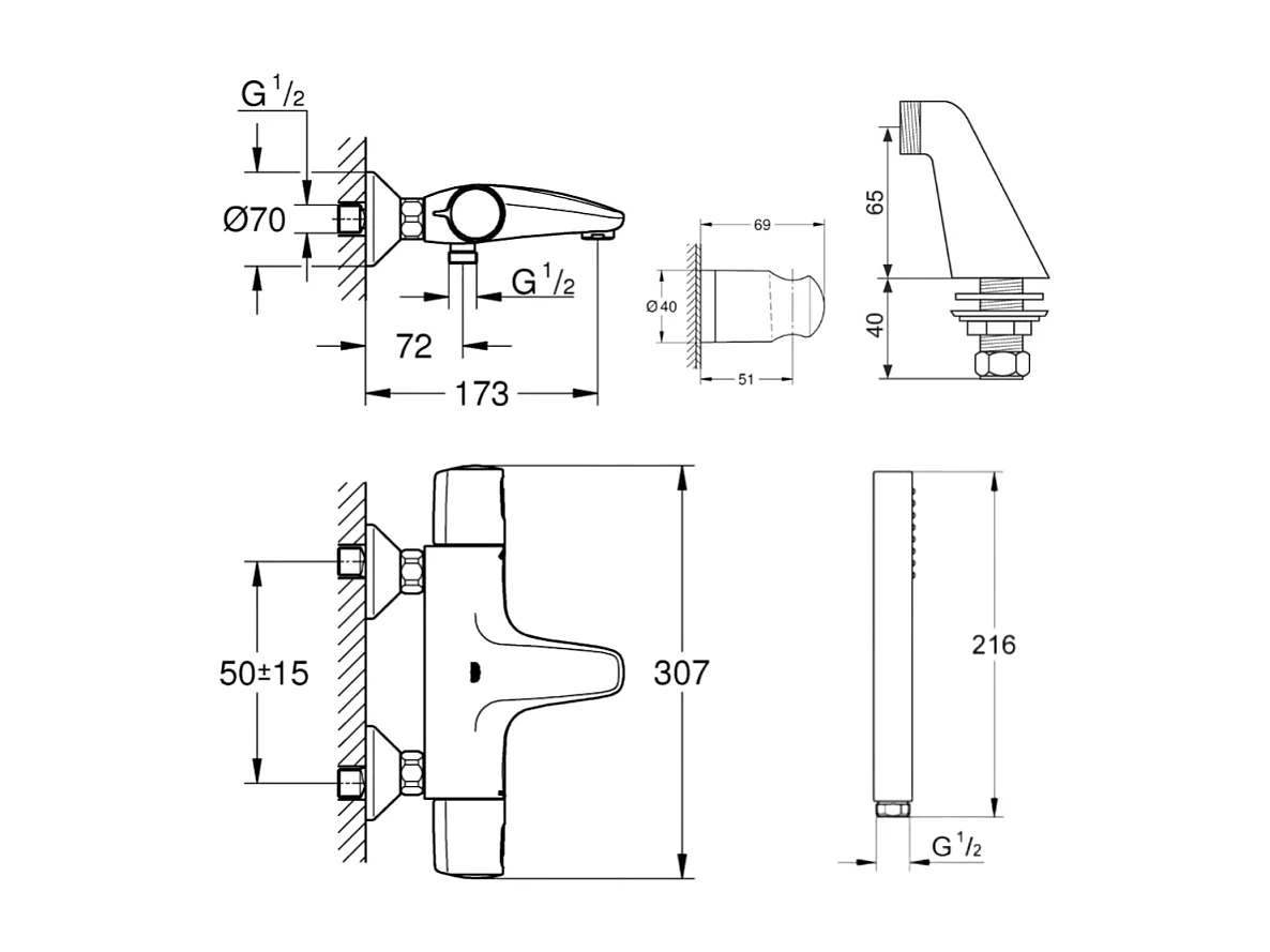 Pack mitigeur thermostatique GROHE Trend avec colonnettes + Douchette 1 jet Vitalio Get Stick + Flexible 1750 mm et support