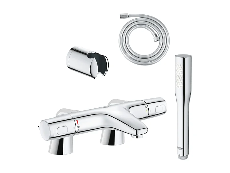 Pack mitigeur thermostatique GROHE Trend avec colonnettes + Douchette 1 jet Vitalio Get Stick + Flexible 1750 mm et support