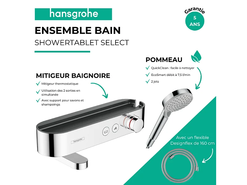 Pack mitigeur bain douche thermostatique HANSGROHE ShowerTablet Select + Flexible Designflex + Pommeau de douche Vernis Blend Chromé