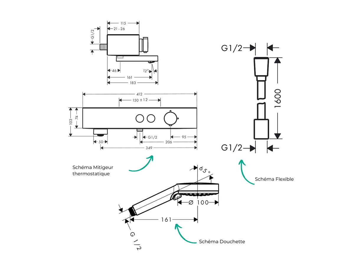 Pack mitigeur bain douche thermostatique HANSGROHE ShowerTablet Select + Flexible Designflex + Pommeau de douche Vernis Blend Chromé