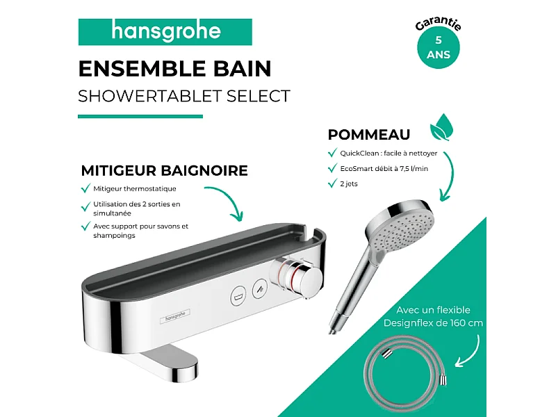 Pack mitigeur bain douche thermostatique HANSGROHE ShowerTablet Select + Flexible Designflex + Pommeau douche Vernis Blend Chromé