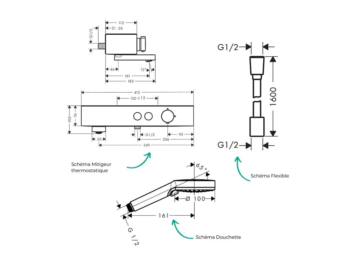 Pack mitigeur bain douche thermostatique HANSGROHE ShowerTablet Select + Flexible Designflex + Pommeau douche Vernis Blend Chromé