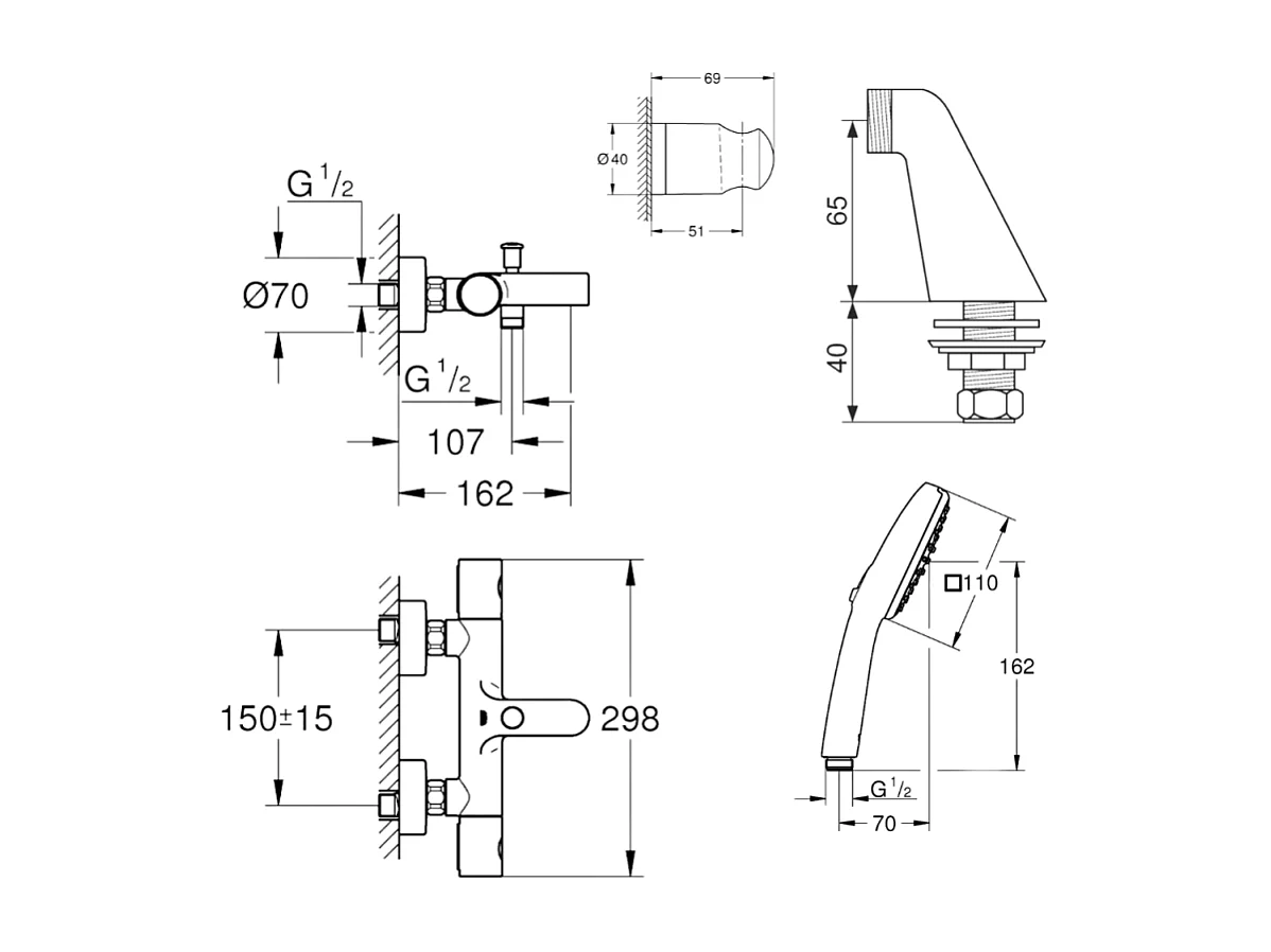 Pack mitigeur bain douche thermostatique GROHE Grohtherm 800 cosmopolitan + douchette ronde  2 jets + flexible + support