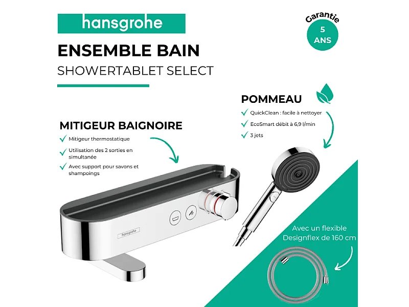 Pack mitigeur bain douche thermostatique HANSGROHE ShowerTablet Select + Flexible Designflex + Pommeau de douche Pulsify Select 3 jets Chromé