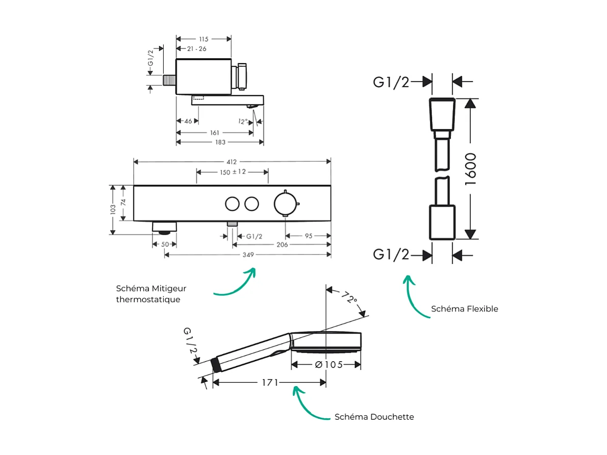 Pack mitigeur bain douche thermostatique HANSGROHE ShowerTablet Select + Flexible Designflex + Pommeau de douche Pulsify Select 3 jets Chromé