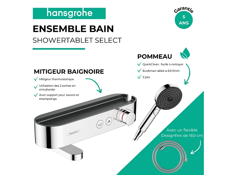 Pack mitigeur bain douche thermostatique HANSGROHE ShowerTablet Select + Flexible Designflex + Pommeau de douche Pulsify Select 3 jets Chromé
