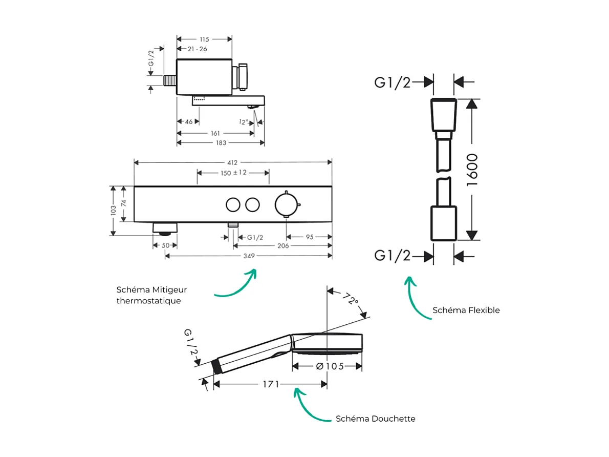 Pack mitigeur bain douche thermostatique HANSGROHE ShowerTablet Select + Flexible Designflex + Pommeau de douche Pulsify Select 3 jets Chromé