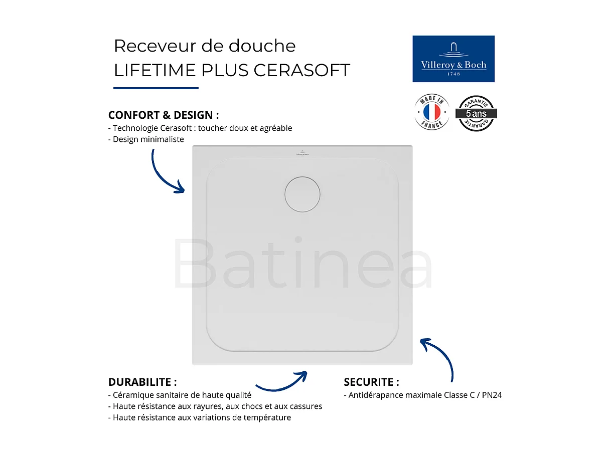 Receveur de douche antidérapant 90 x 90 VILLEROY ET BOCH Lifetime Plus Cerasoft céramique blanc + Bonde blanc