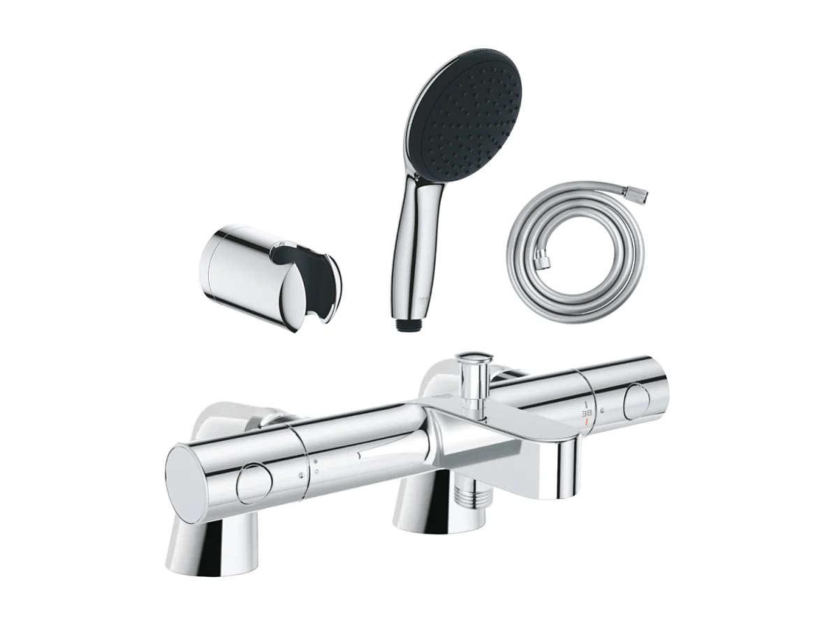 Pack mitigeur bain douche thermostatique GROHE Precision Get + douchette ronde  2 jets + flexible + support