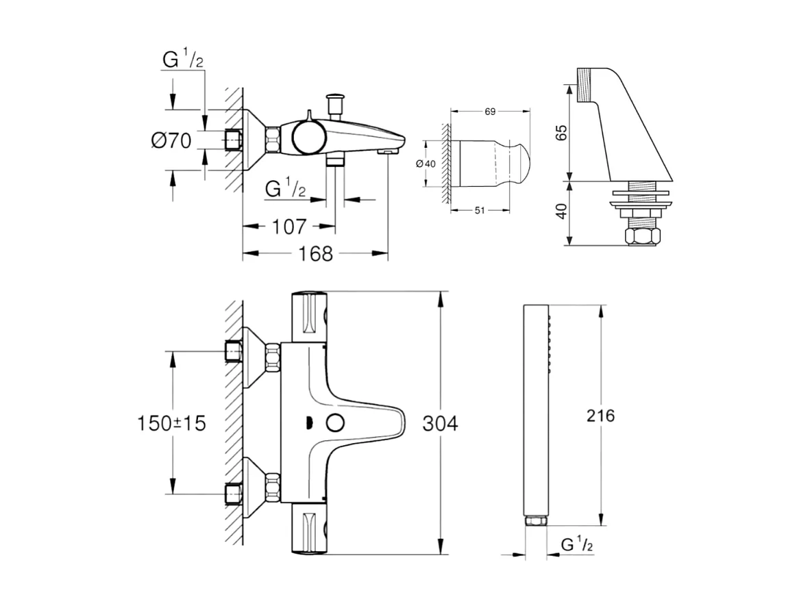 Pack mitigeur thermostatique BD GROHE Grohtherm 800 avec colonnettes + Douchette 1 jet Vitalio Get Stick + Flexible 1750 mm et support