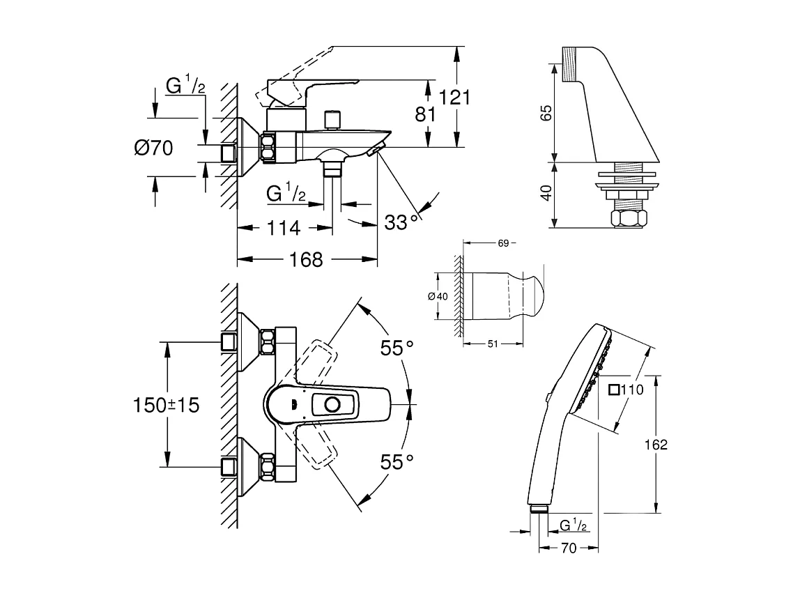 Pack mitigeur bain douche mécanique GROHE Start Loop + douchette ronde  2 jets + flexible + support