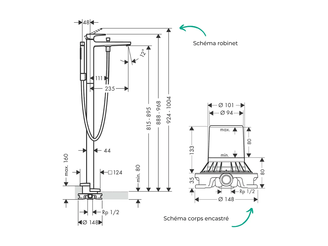 Mitigeur baignoire îlot HANSGROHE Metropol Noir chromé brossé + corps encastré