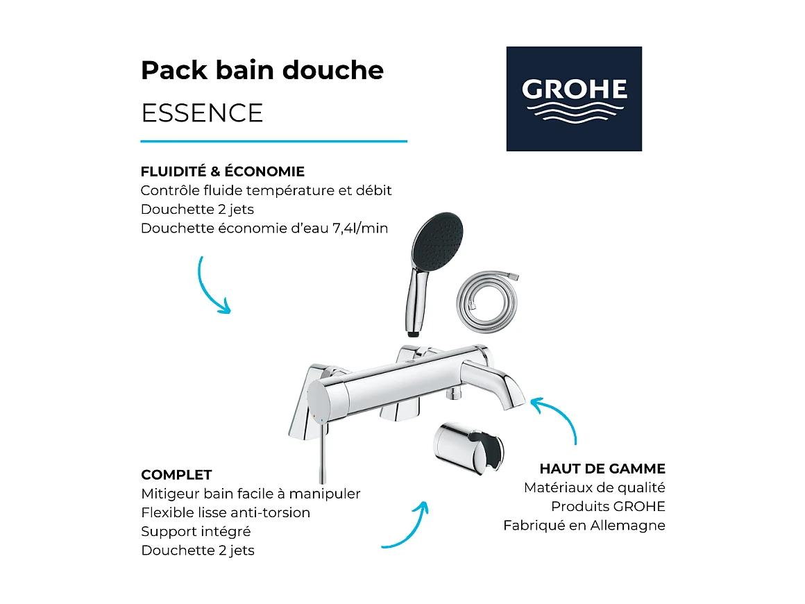 Pack mitigeur bain douche mécanique GROHE Essence + douchette ronde  2 jets + flexible + support