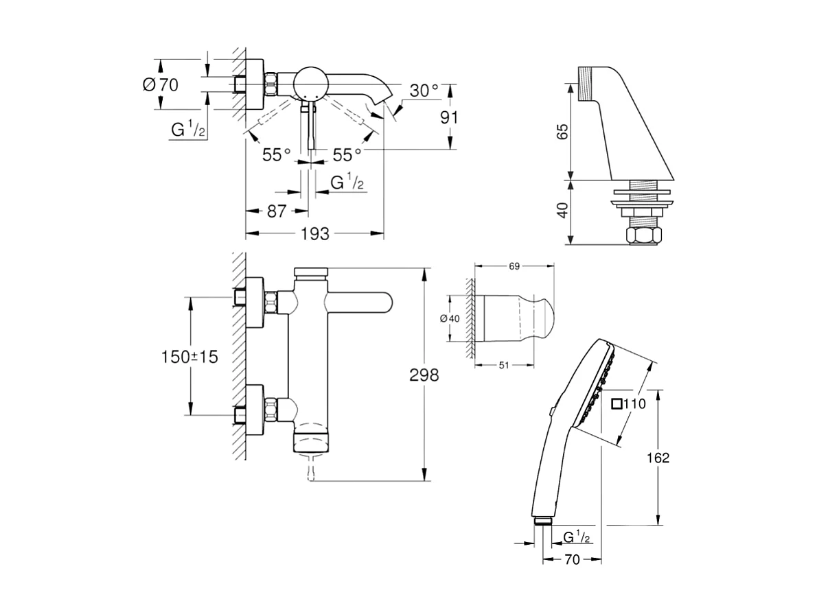 Pack mitigeur bain douche mécanique GROHE Essence + douchette ronde  2 jets + flexible + support