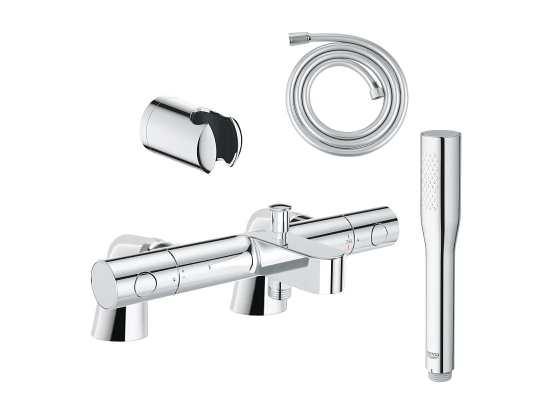 Pack mitigeur thermostatique GROHE Get avec colonnettes + Douchette 1 jet Vitalio Get Stick + Flexible 1750 mm et support